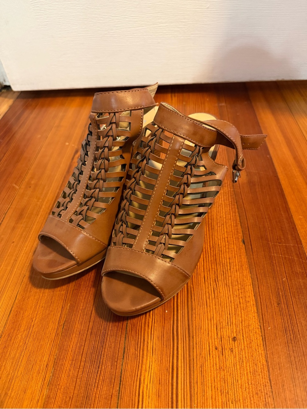 CL by Laundry Brown Woven Peep-Toe Ankle Strap Heels